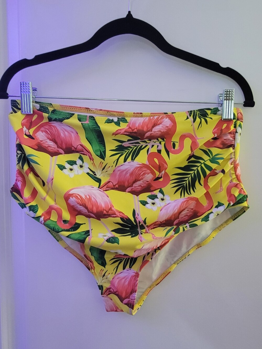 High-Waist Flamingo Print Bikini Bottoms - Yellow & Pink Size: L
